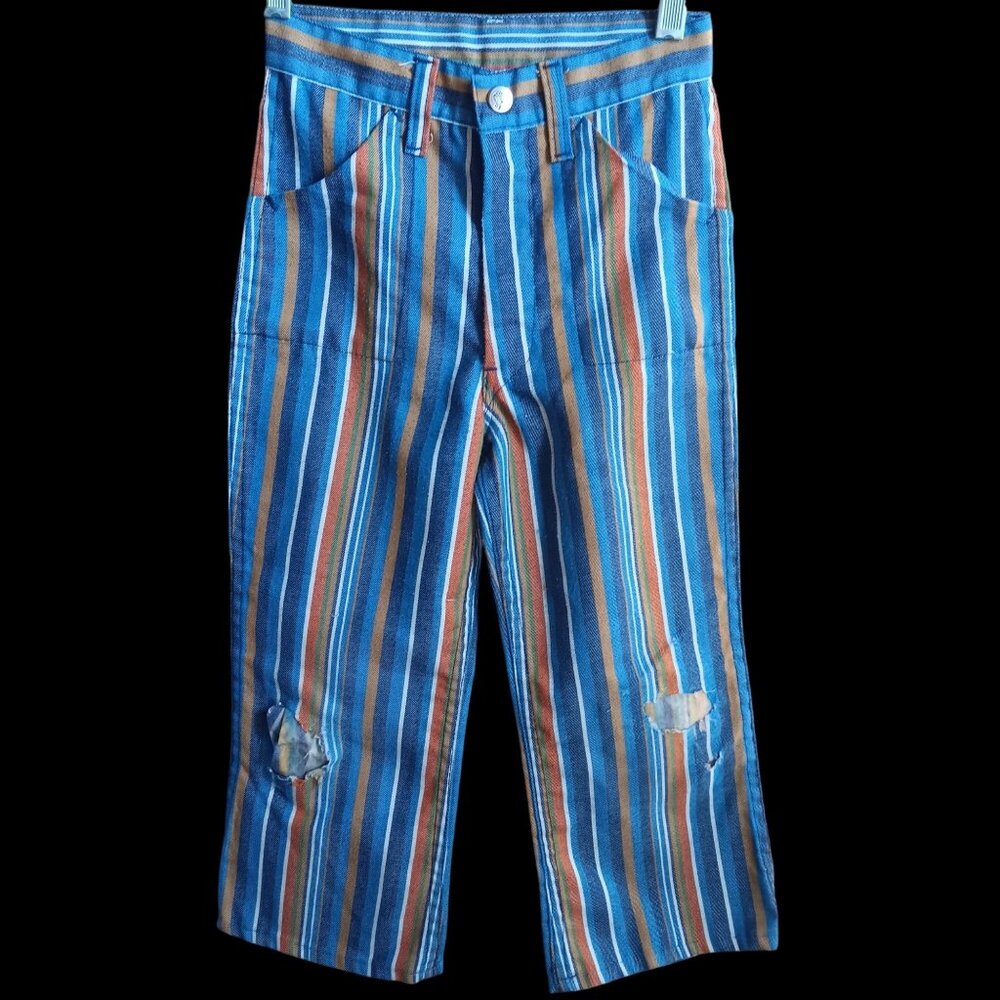 Vintage Boys 20x17 Jeans 1970's Blue Multicolor Striped Pants Distressed Knees